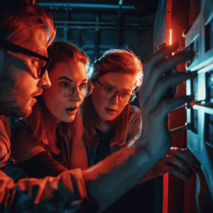 Trois personnes étonnées en lunettes face à un panneau de contrôle technologique lumineux. Une main active un bouton. Éclairage rouge et bleu vif.