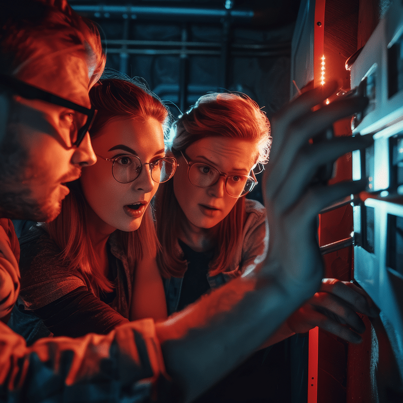 Trois personnes étonnées en lunettes face à un panneau de contrôle technologique lumineux. Une main active un bouton. Éclairage rouge et bleu vif.