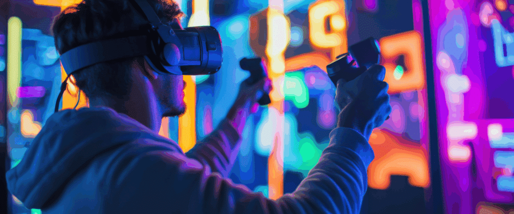 Homme en casque VR et contrôleurs, plongé dans un jeu en réalité virtuelle. Arrière-plan néon lumineux, ambiance numérique futuriste.